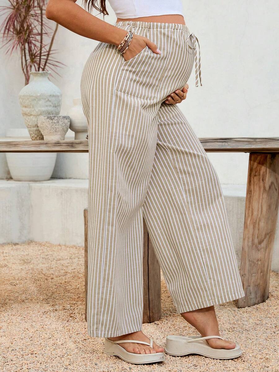 Maternity Striped Trousers - Adjustable Waist, Drawstring, Loose Straight Leg, Khaki