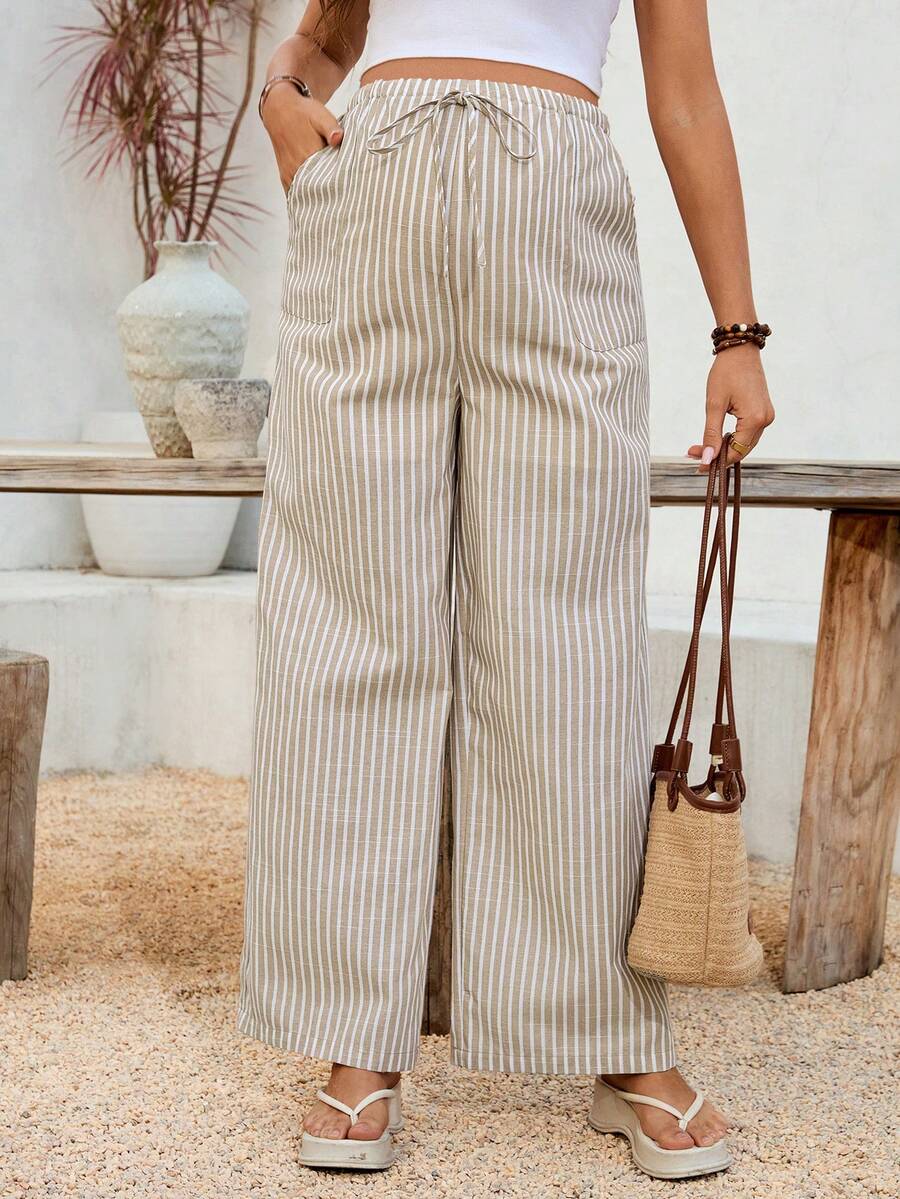 Maternity Striped Trousers - Adjustable Waist, Drawstring, Loose Straight Leg, Khaki