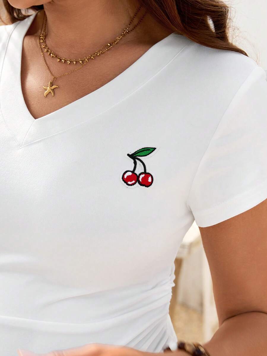 Cherry Embroidery V-Neck Maternity T-Shirt - Slim Fit Ruched Short Sleeve Pregnancy Top in Burgundy Knit