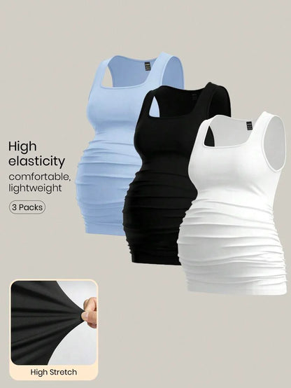 Maternity Ruched Tank Top 3-Pack - Square Neck, Slim Fit, Multicolor