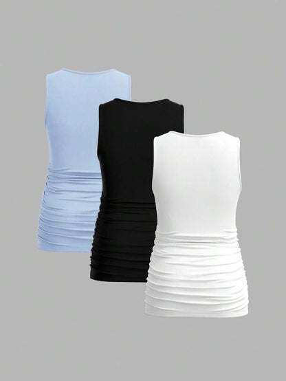 Maternity Ruched Tank Top 3-Pack - Square Neck, Slim Fit, Multicolor