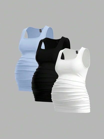 Maternity Ruched Tank Top 3-Pack - Square Neck, Slim Fit, Multicolor
