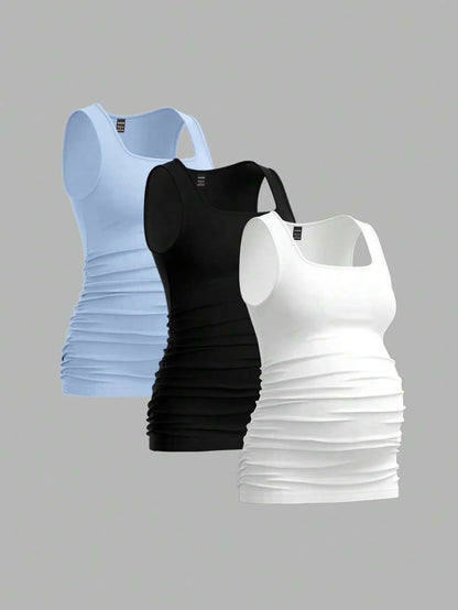 Maternity Ruched Tank Top 3-Pack - Square Neck, Slim Fit, Multicolor