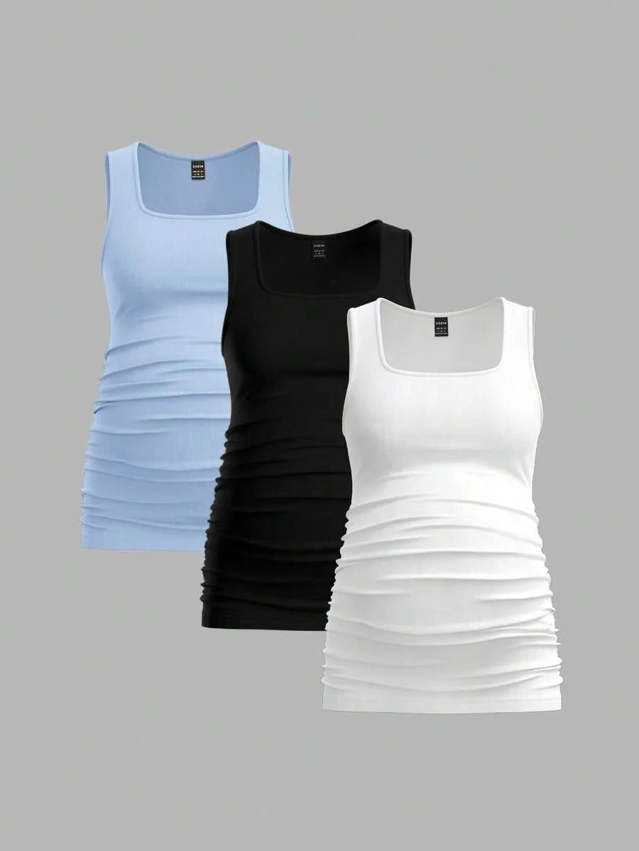 Maternity Ruched Tank Top 3-Pack - Square Neck, Slim Fit, Multicolor