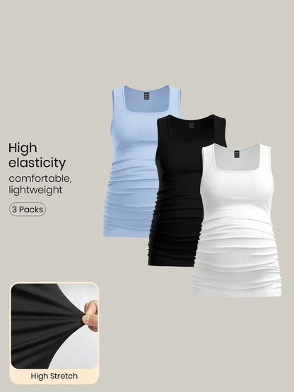 Maternity Ruched Tank Top 3-Pack - Square Neck, Slim Fit, Multicolor