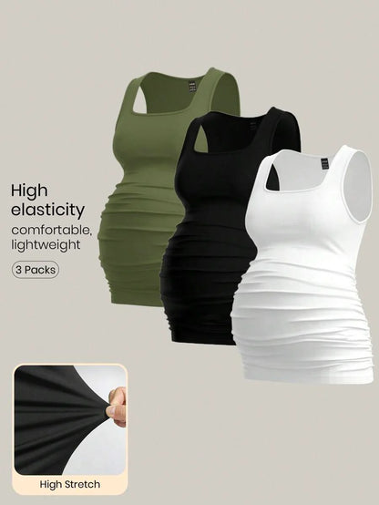 Maternity Ruched Tank Top 3-Pack - Square Neck, Slim Fit, Multicolor