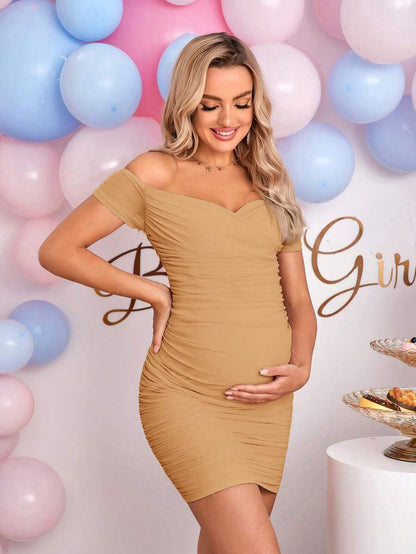 Elegant Off-Shoulder Ruched Fitted Maternity Bodycon Dress Short Sleeve Slim Fit Short Pencil Dress for Daily Wear