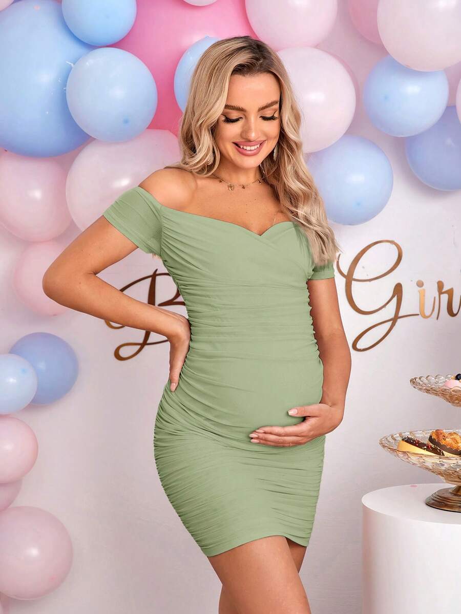 Elegant Off-Shoulder Ruched Fitted Maternity Bodycon Dress Short Sleeve Slim Fit Short Pencil Dress for Daily Wear