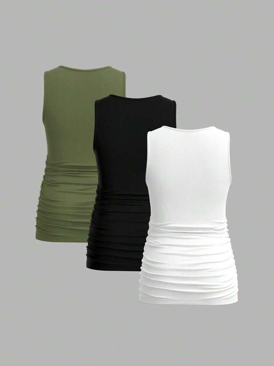 Maternity Ruched Tank Top 3-Pack - Square Neck, Slim Fit, Multicolor
