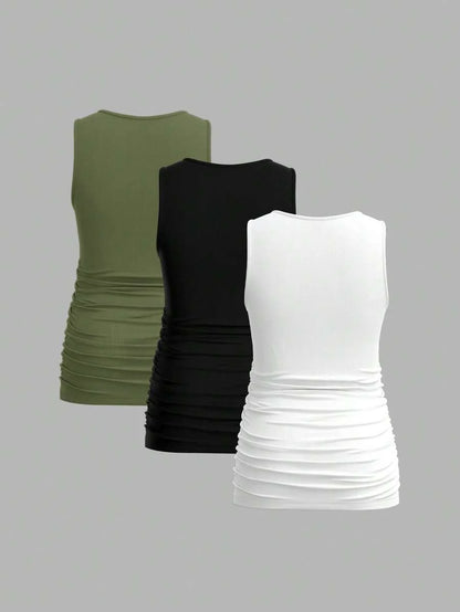 Maternity Ruched Tank Top 3-Pack - Square Neck, Slim Fit, Multicolor