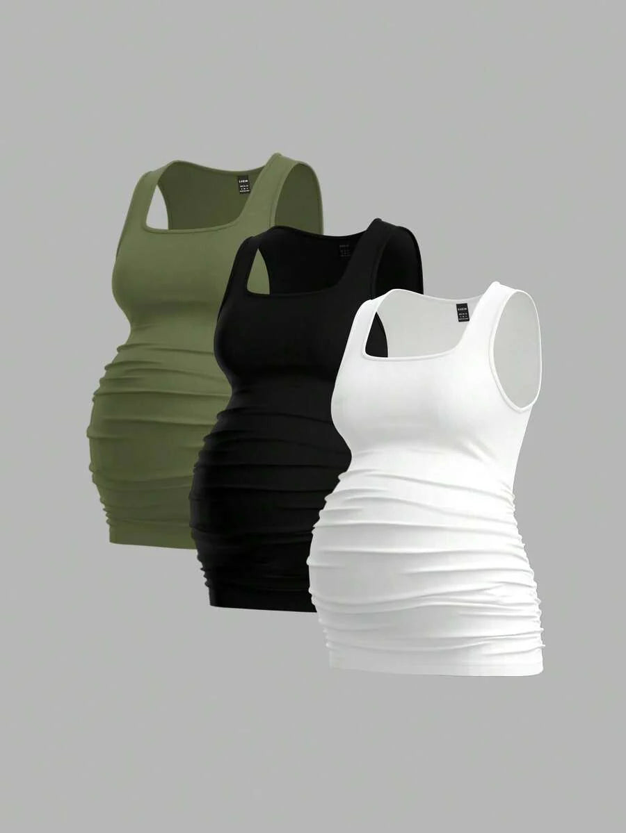 Maternity Ruched Tank Top 3-Pack - Square Neck, Slim Fit, Multicolor