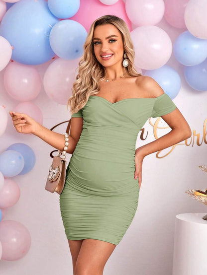 Elegant Off-Shoulder Ruched Fitted Maternity Bodycon Dress Short Sleeve Slim Fit Short Pencil Dress for Daily Wear