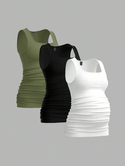 Maternity Ruched Tank Top 3-Pack - Square Neck, Slim Fit, Multicolor