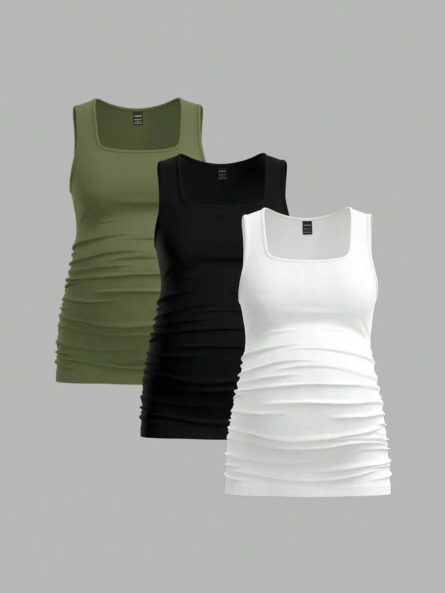 Maternity Ruched Tank Top 3-Pack - Square Neck, Slim Fit, Multicolor