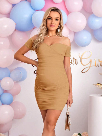 Elegant Off-Shoulder Ruched Fitted Maternity Bodycon Dress Short Sleeve Slim Fit Short Pencil Dress for Daily Wear