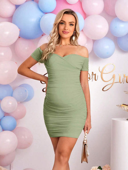Elegant Off-Shoulder Ruched Fitted Maternity Bodycon Dress Short Sleeve Slim Fit Short Pencil Dress for Daily Wear
