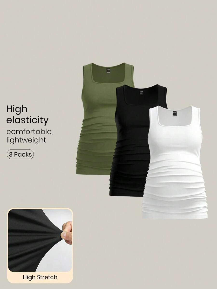 Maternity Ruched Tank Top 3-Pack - Square Neck, Slim Fit, Multicolor