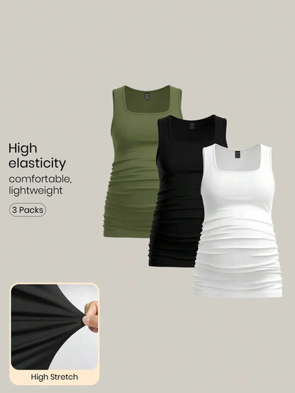 Maternity Ruched Tank Top 3-Pack - Square Neck, Slim Fit, Multicolor