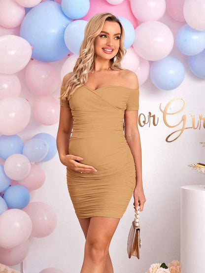 Elegant Off-Shoulder Ruched Fitted Maternity Bodycon Dress Short Sleeve Slim Fit Short Pencil Dress for Daily Wear