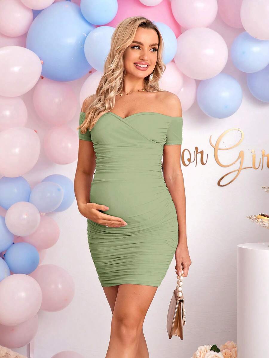Elegant Off-Shoulder Ruched Fitted Maternity Bodycon Dress Short Sleeve Slim Fit Short Pencil Dress for Daily Wear