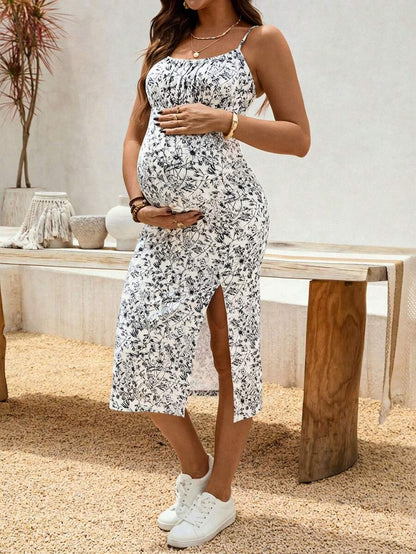Maternity Floral Print Side Slit Hem Casual Sleeveless Dress For Vacation