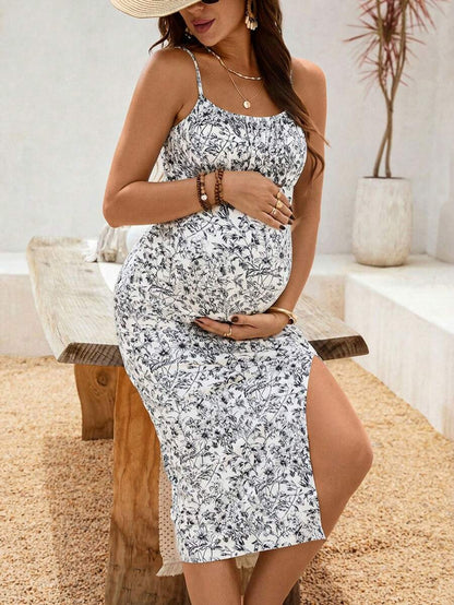 Maternity Dress - Floral Print Side Slit Sleeveless Elegant Vacation Soft Stretch, Summer Holiday