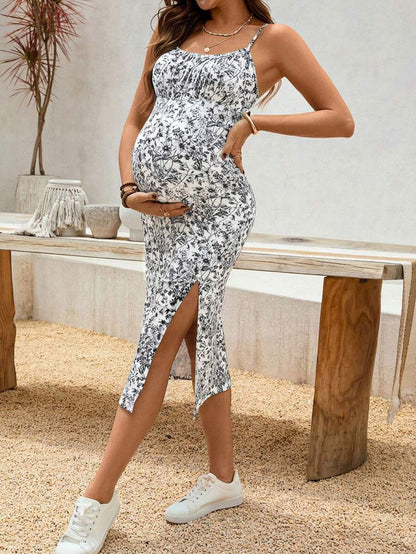 Maternity Dress - Floral Print Side Slit Sleeveless Elegant Vacation Soft Stretch, Summer Holiday