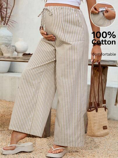Maternity Striped Trousers - Adjustable Waist, Drawstring, Loose Straight Leg, Khaki