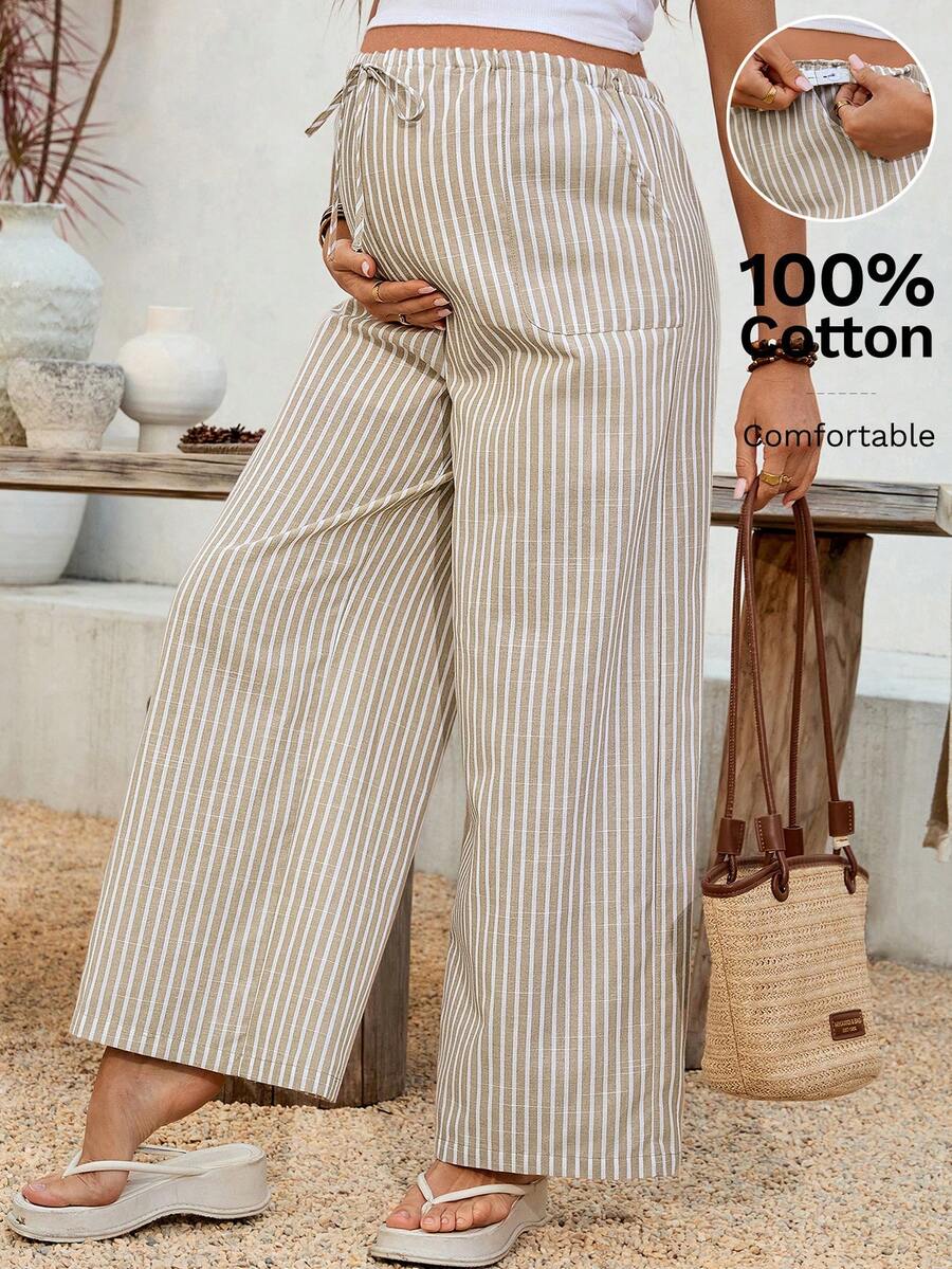 Maternity Striped Trousers - Adjustable Waist, Drawstring, Loose Straight Leg, Khaki