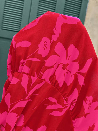 Red Floral Cutout Waist Maternity Cami Dress - Boho Ruffle Hem High Waist Summer Vacation Beach Dress - Square Neck Ruched Pregnancy Dress