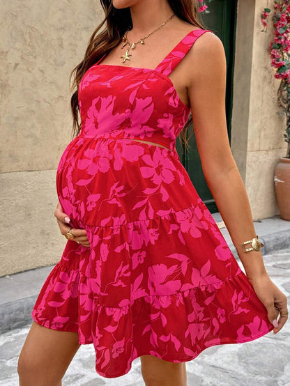 Red Floral Cutout Waist Maternity Cami Dress - Boho Ruffle Hem High Waist Summer Vacation Beach Dress - Square Neck Ruched Pregnancy Dress
