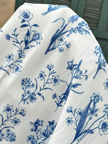 Maternity Blouse - Blue Floral Print Ruffle Trim A-Line, Blue and White