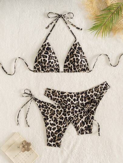 Swim Vcay Summer Beach Women 3pcs/Set Solid Color Halter Backless Tie Top + Knotted Triangle Bikini Bottom + Triangle Bikini Set Set Animal Print Swim Wear Bathing Suit Sets Animal Print Bikini Cheetah Print Bathing Suit Women Swimwear Sets