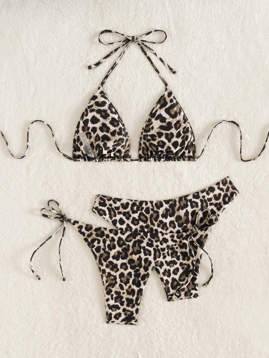 Swim Vcay Summer Beach Women 3pcs/Set Solid Color Halter Backless Tie Top + Knotted Triangle Bikini Bottom + Triangle Bikini Set Set Animal Print Swim Wear Bathing Suit Sets Animal Print Bikini Cheetah Print Bathing Suit Women Swimwear Sets