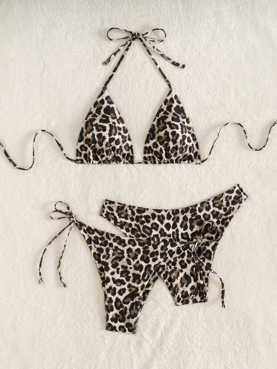 Swim Vcay Summer Beach Women 3pcs/Set Solid Color Halter Backless Tie Top + Knotted Triangle Bikini Bottom + Triangle Bikini Set Set Animal Print Swim Wear Bathing Suit Sets Animal Print Bikini Cheetah Print Bathing Suit Women Swimwear Sets