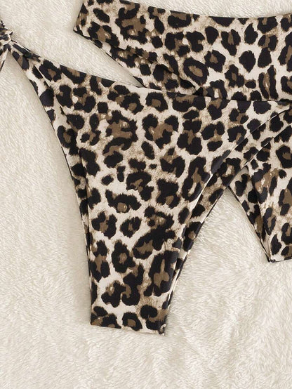 Swim Vcay Summer Beach Women 3pcs/Set Solid Color Halter Backless Tie Top + Knotted Triangle Bikini Bottom + Triangle Bikini Set Set Animal Print Swim Wear Bathing Suit Sets Animal Print Bikini Cheetah Print Bathing Suit Women Swimwear Sets