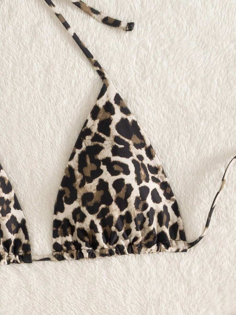 Swim Vcay Summer Beach Women 3pcs/Set Solid Color Halter Backless Tie Top + Knotted Triangle Bikini Bottom + Triangle Bikini Set Set Animal Print Swim Wear Bathing Suit Sets Animal Print Bikini Cheetah Print Bathing Suit Women Swimwear Sets
