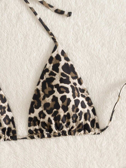 Swim Vcay Summer Beach Women 3pcs/Set Solid Color Halter Backless Tie Top + Knotted Triangle Bikini Bottom + Triangle Bikini Set Set Animal Print Swim Wear Bathing Suit Sets Animal Print Bikini Cheetah Print Bathing Suit Women Swimwear Sets