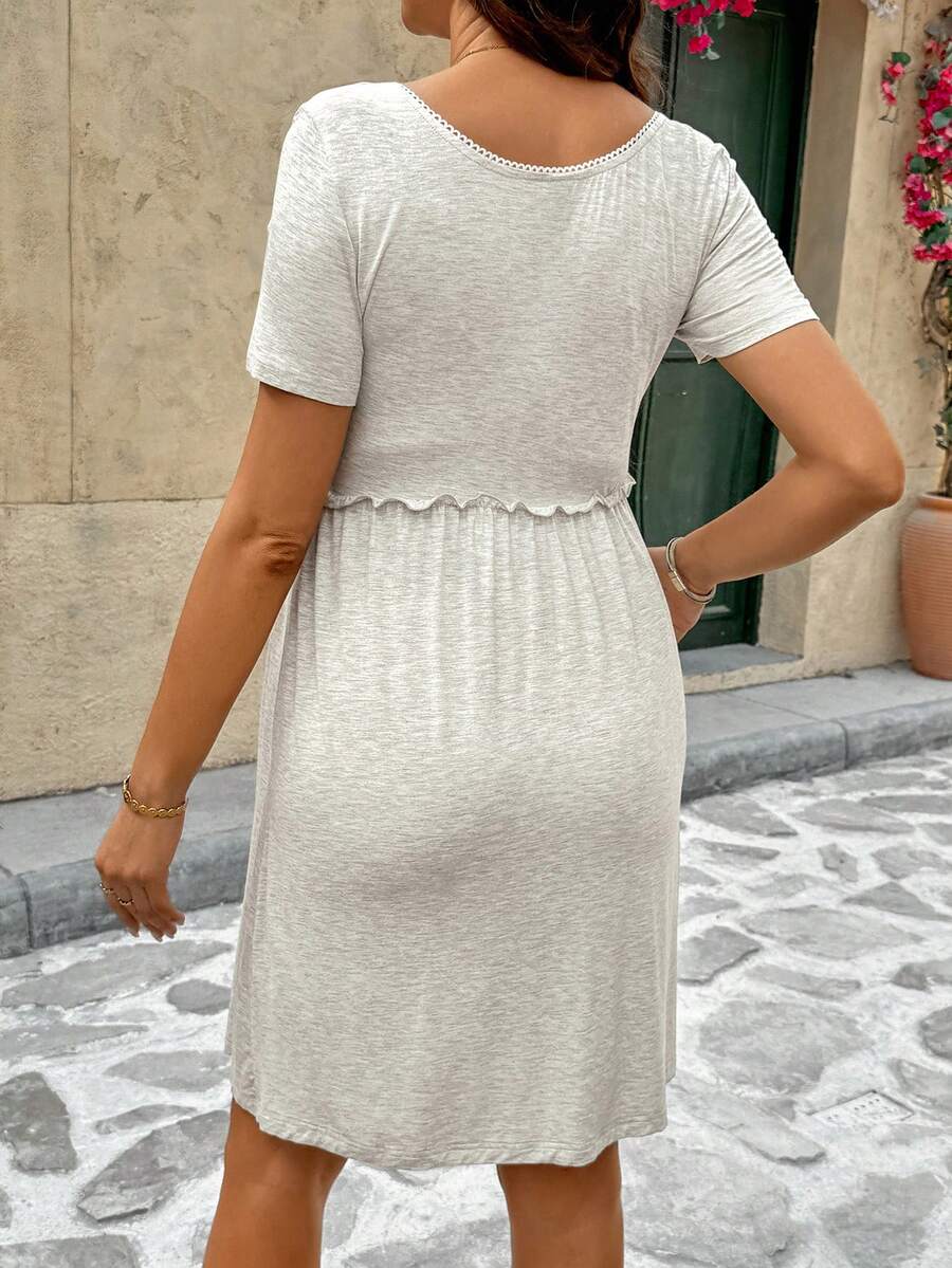 Light Grey Knitted Short Sleeve Nursing Dress - High Stretch Slim Fit Scoop Neck Waist Cinched Flare Mini Dress for Home