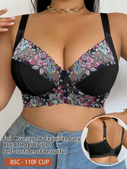 Plus Size Elegant Floral Embroidery Underwire Bra
