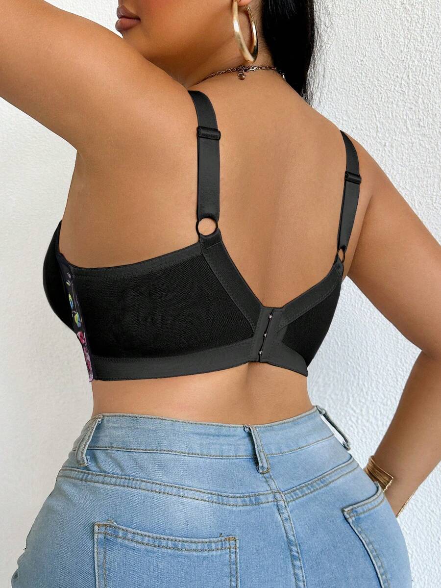 Plus Size Elegant Floral Embroidery Underwire Bra