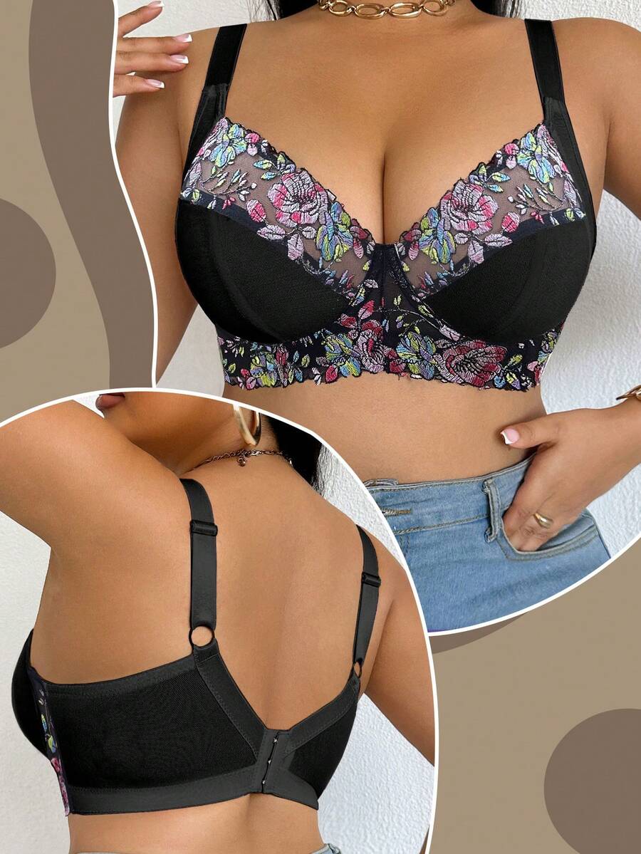 Plus Size Elegant Floral Embroidery Underwire Bra