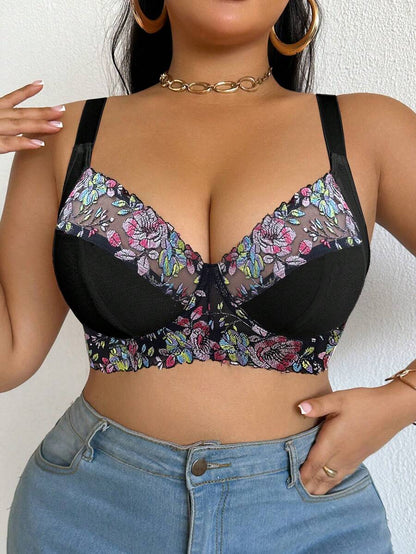 Plus Size Elegant Floral Embroidery Underwire Bra