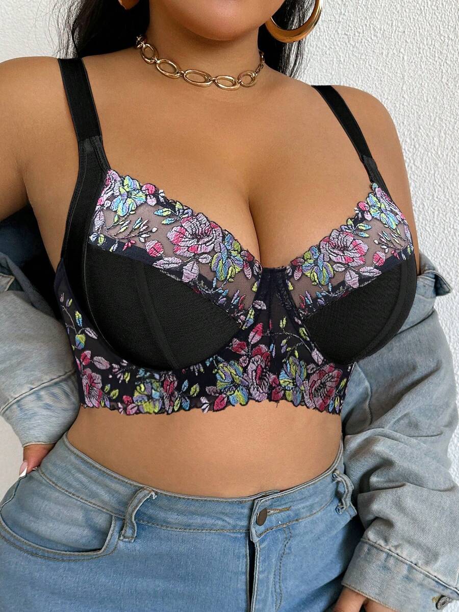 Plus Size Elegant Floral Embroidery Underwire Bra