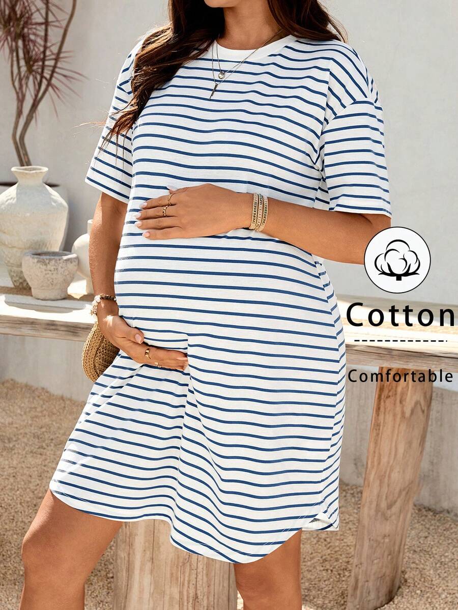 Maternity Pink Striped Short Sleeve Tee Dress with High Stretch Knitted Fabric Casual Round Neck Maternity Summer Dress for Sports