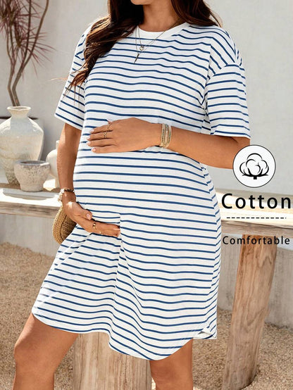 Maternity Striped Round Neck Short Sleeve Tee Dress Casual Blue and White Drop Shoulder Mini Dress for Summer Vacation and Sports
