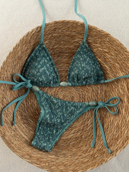 Swim Vcay 2026 Spring/Summer Green Special Fabric Women's Swimwear, Spaghetti Strap Halter Solid Color Sexy Side Tie Thong Bikini Two-Piece Swimwear Teal Bikini Tie Bikini Set Textured Bikini Triangle Bikini Triangle Bikini Set