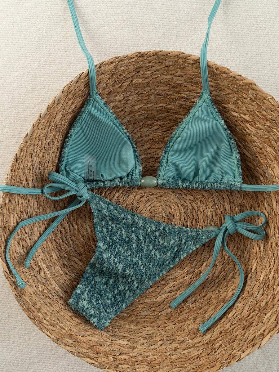 Swim Vcay 2026 Spring/Summer Green Special Fabric Women's Swimwear, Spaghetti Strap Halter Solid Color Sexy Side Tie Thong Bikini Two-Piece Swimwear Teal Bikini Tie Bikini Set Textured Bikini Triangle Bikini Triangle Bikini Set