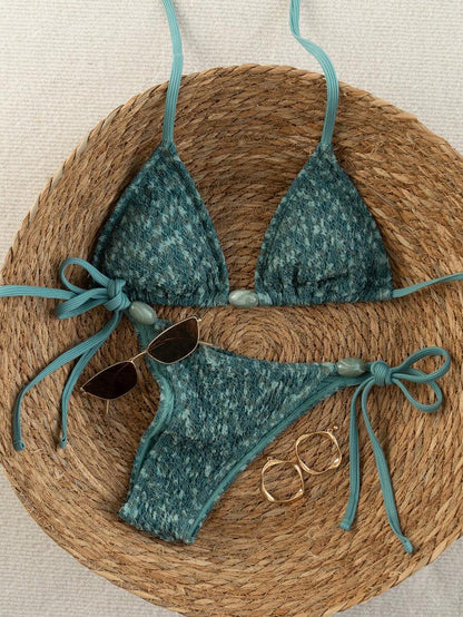 Swim Vcay 2026 Spring/Summer Green Special Fabric Women's Swimwear, Spaghetti Strap Halter Solid Color Sexy Side Tie Thong Bikini Two-Piece Swimwear Teal Bikini Tie Bikini Set Textured Bikini Triangle Bikini Triangle Bikini Set