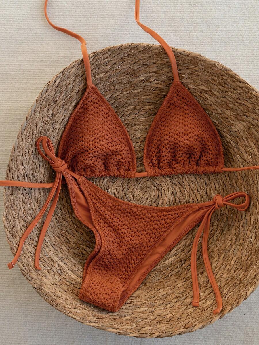 Swim Vcay 2026 Spring/Summer Green Special Fabric Women's Swimwear, Spaghetti Strap Halter Solid Color Sexy Side Tie Thong Bikini Two-Piece Swimwear Teal Bikini Tie Bikini Set Textured Bikini Triangle Bikini Triangle Bikini Set